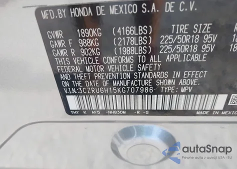 2019 Honda Hr-V Sport z USA, uszkodzony, nr VIN 3CZRU6H15KG707986